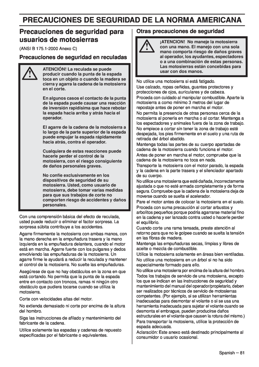 Husqvarna 445e TrioBrake manual Precauciones De Seguridad De La Norma Americana, Precauciones de seguridad en reculadas 