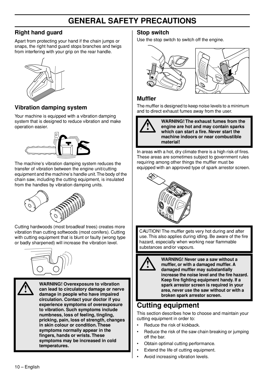 Husqvarna 445e manual Cutting equipment, Right hand guard, Vibration damping system, Stop switch, Mufﬂer 