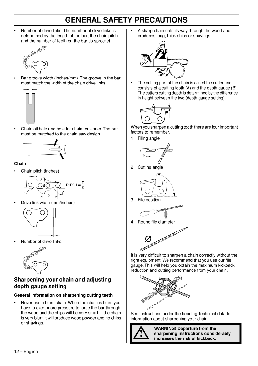 Husqvarna 445e Sharpening your chain and adjusting depth gauge setting, General information on sharpening cutting teeth 