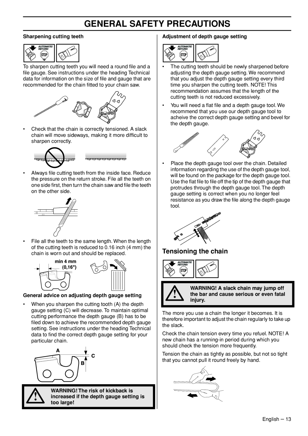 Husqvarna 445e manual Tensioning the chain 