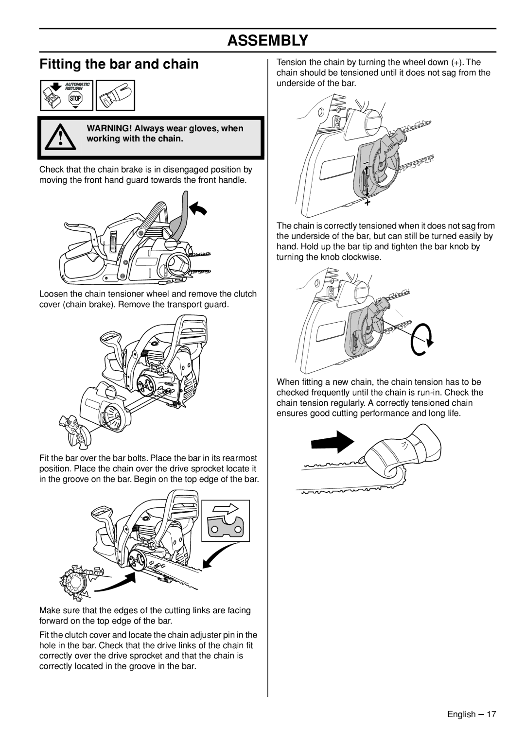 Husqvarna 445e manual Assembly, Fitting the bar and chain, Working with the chain 