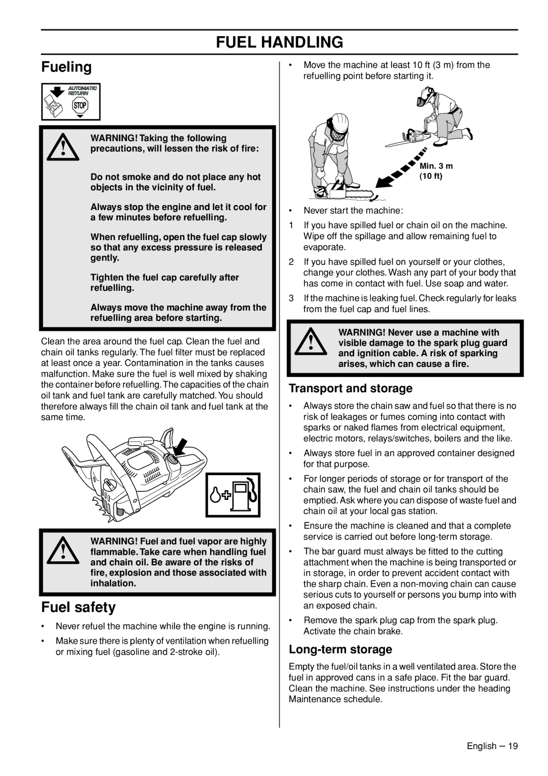 Husqvarna 445e manual Fueling, Fuel safety, Transport and storage, Long-term storage 