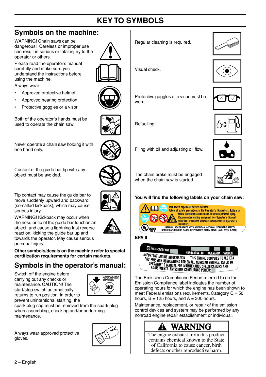 Husqvarna 445e KEY to Symbols, Symbols on the machine, Symbols in the operator’s manual 