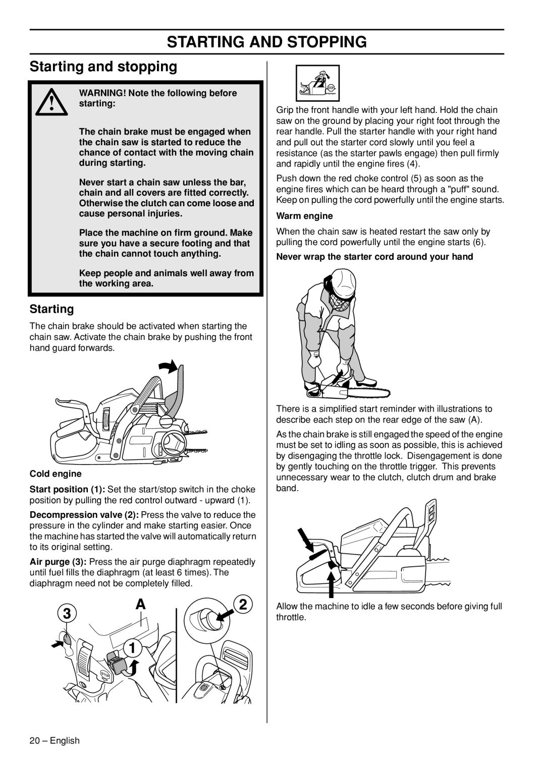 Husqvarna 445e manual Starting and Stopping, Starting and stopping 