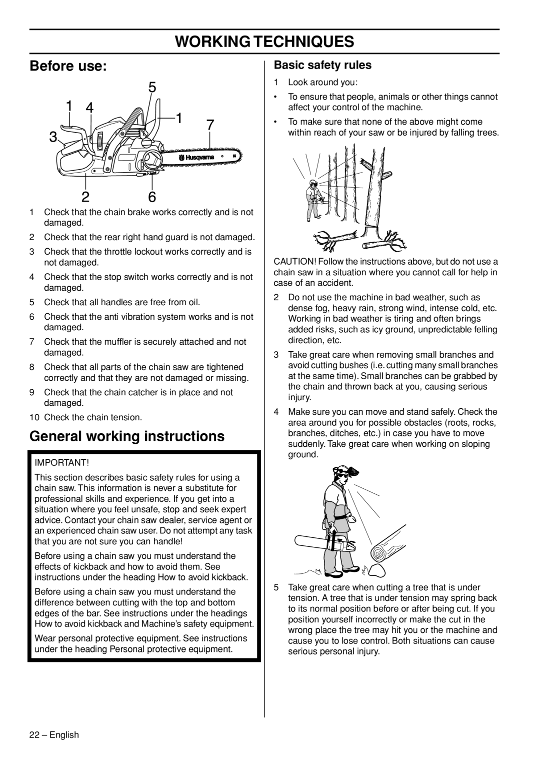 Husqvarna 445e manual Working Techniques, Before use, General working instructions, Basic safety rules 