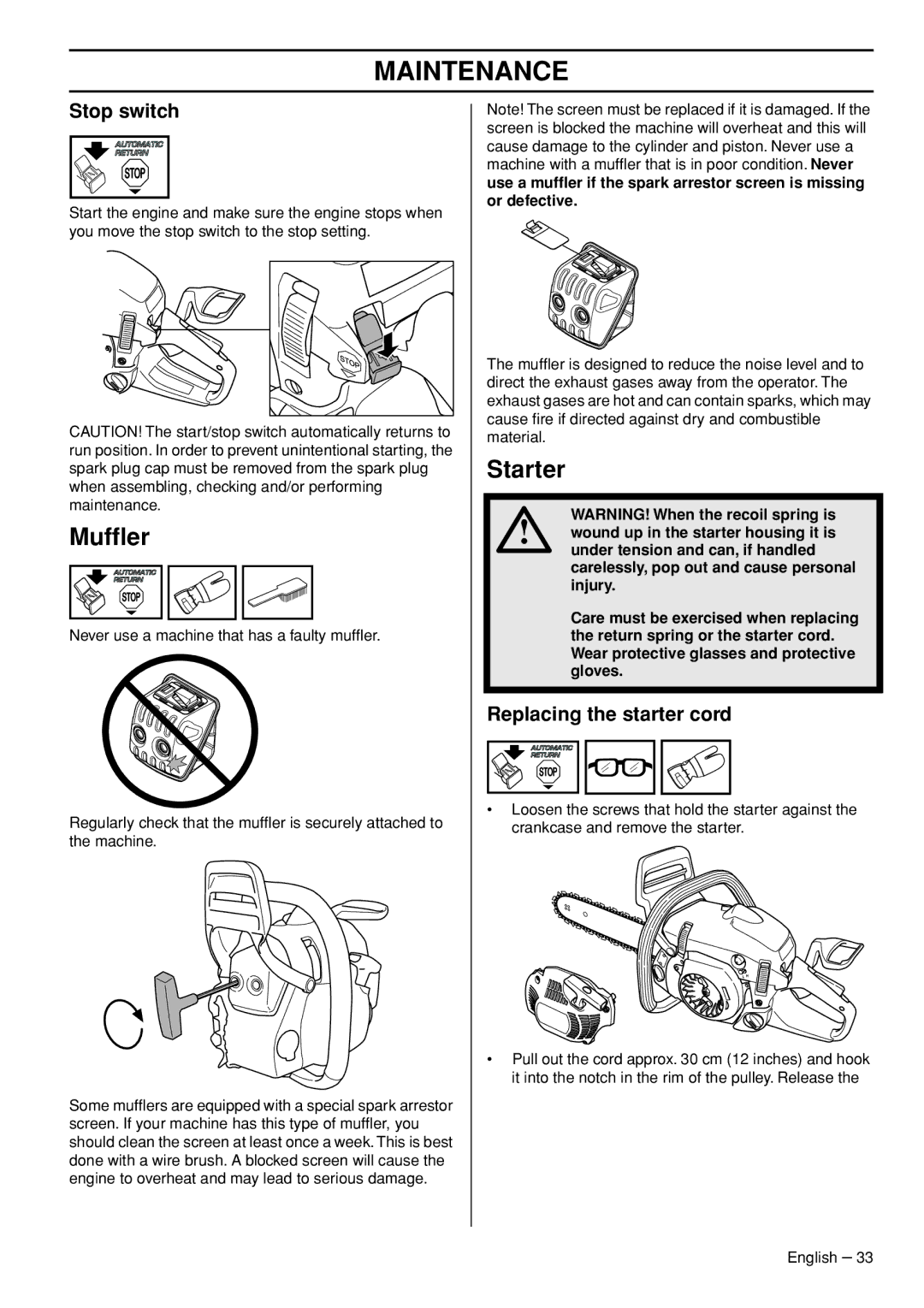 Husqvarna 445e manual Mufﬂer, Starter, Replacing the starter cord 