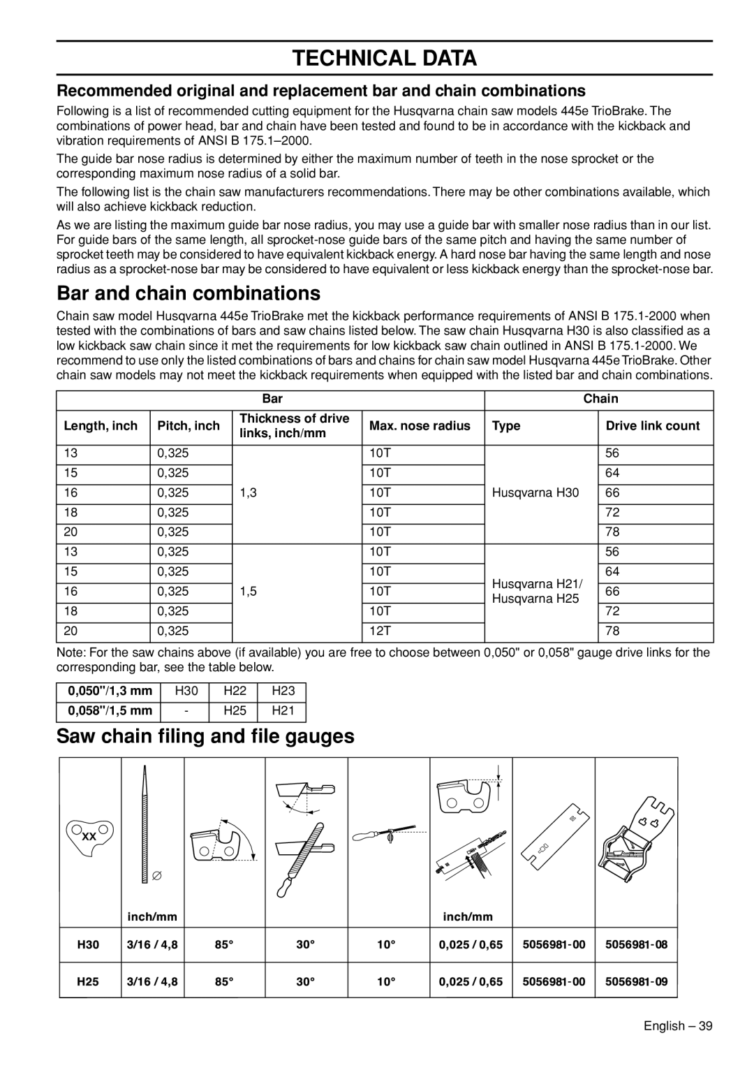 Husqvarna 445e manual Bar and chain combinations, Saw chain ﬁling and ﬁle gauges, 050/1,3 mm, 058/1,5 mm 