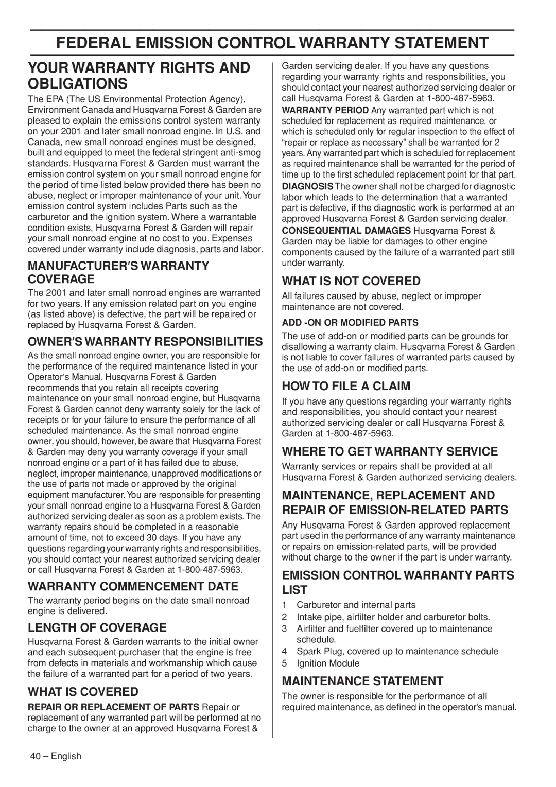 Husqvarna 445e manual Federal Emission Control Warranty Statement, Your Warranty Rights and Obligations 