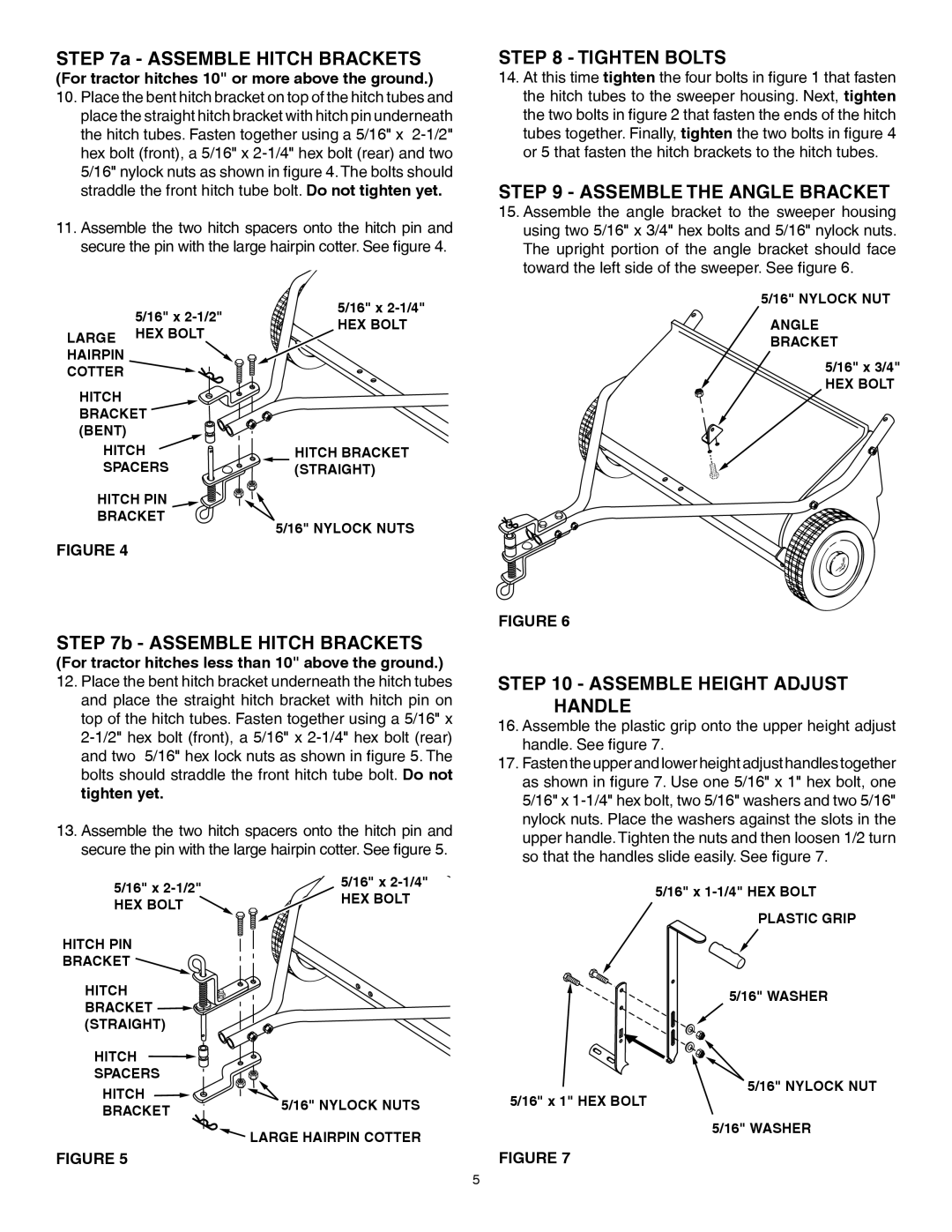 Husqvarna 45-0352 manual Tighten Bolts, Assemble the Angle Bracket, Assemble Height Adjust Handle 