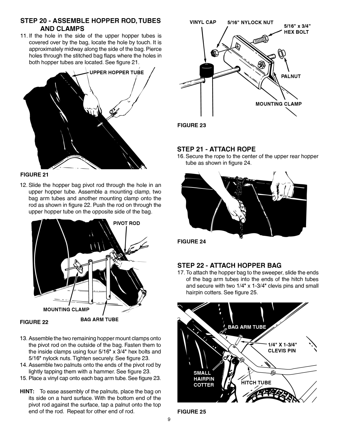 Husqvarna 45-0352 manual Assemble Hopper ROD, Tubes and Clamps, Attach Rope, Attach Hopper BAG 