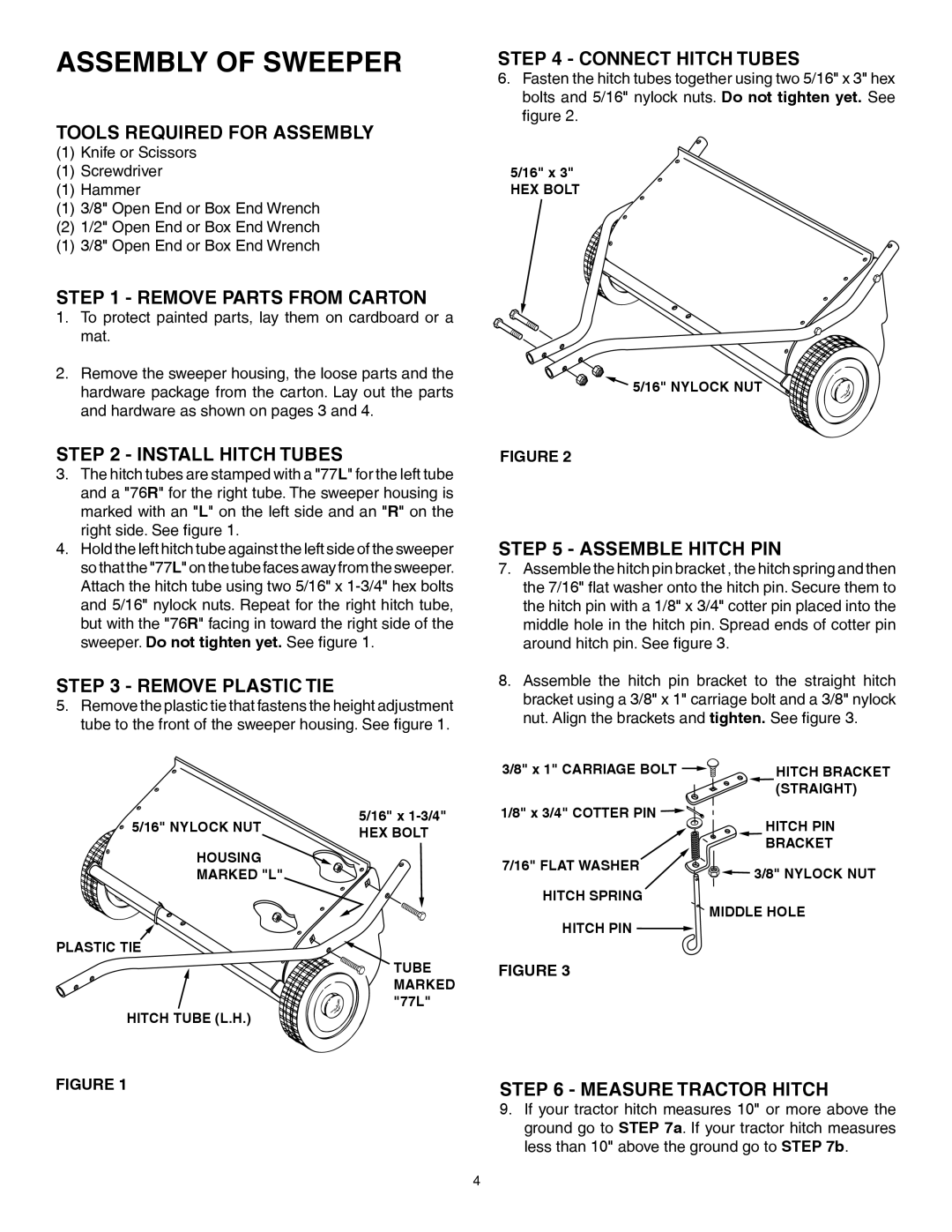 Husqvarna 45-0352 manual Assembly Of Sweeper, Tools Required For Assembly, Remove Parts From Carton, Install Hitch Tubes 