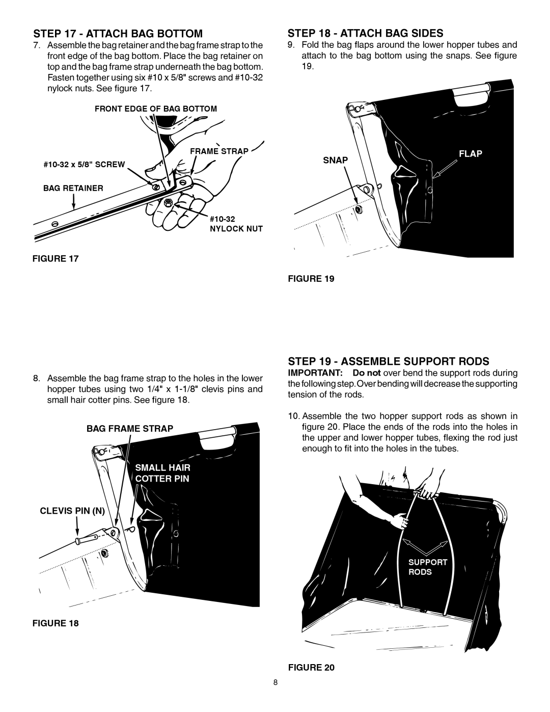 Husqvarna 45-0352 Attach Bag Bottom, Attach Bag Sides, Assemble Support Rods, Snap, Bag Frame Strap, Clevis Pin N, Flap 