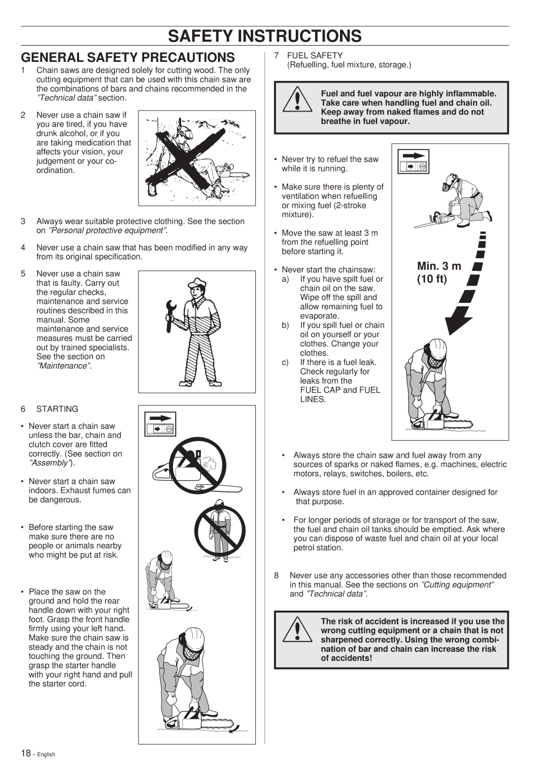 Husqvarna 45 manual General Safety Precautions, Min m, 10 ft 