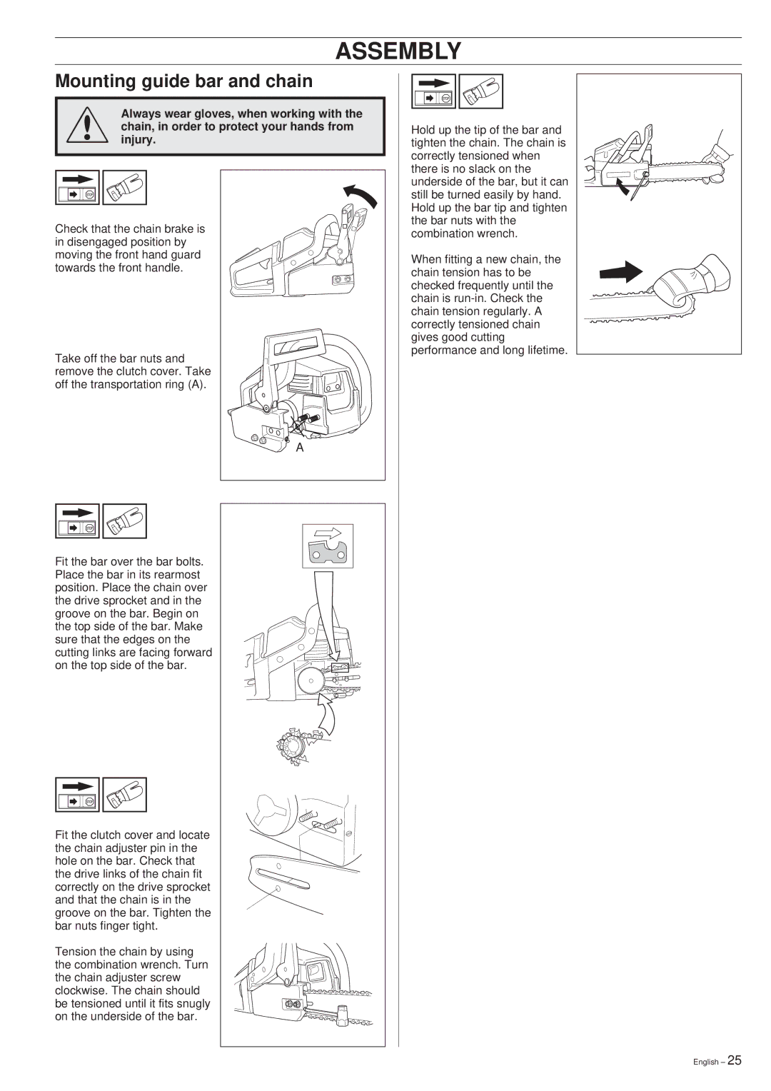 Husqvarna 45 manual Assembly, Mounting guide bar and chain 