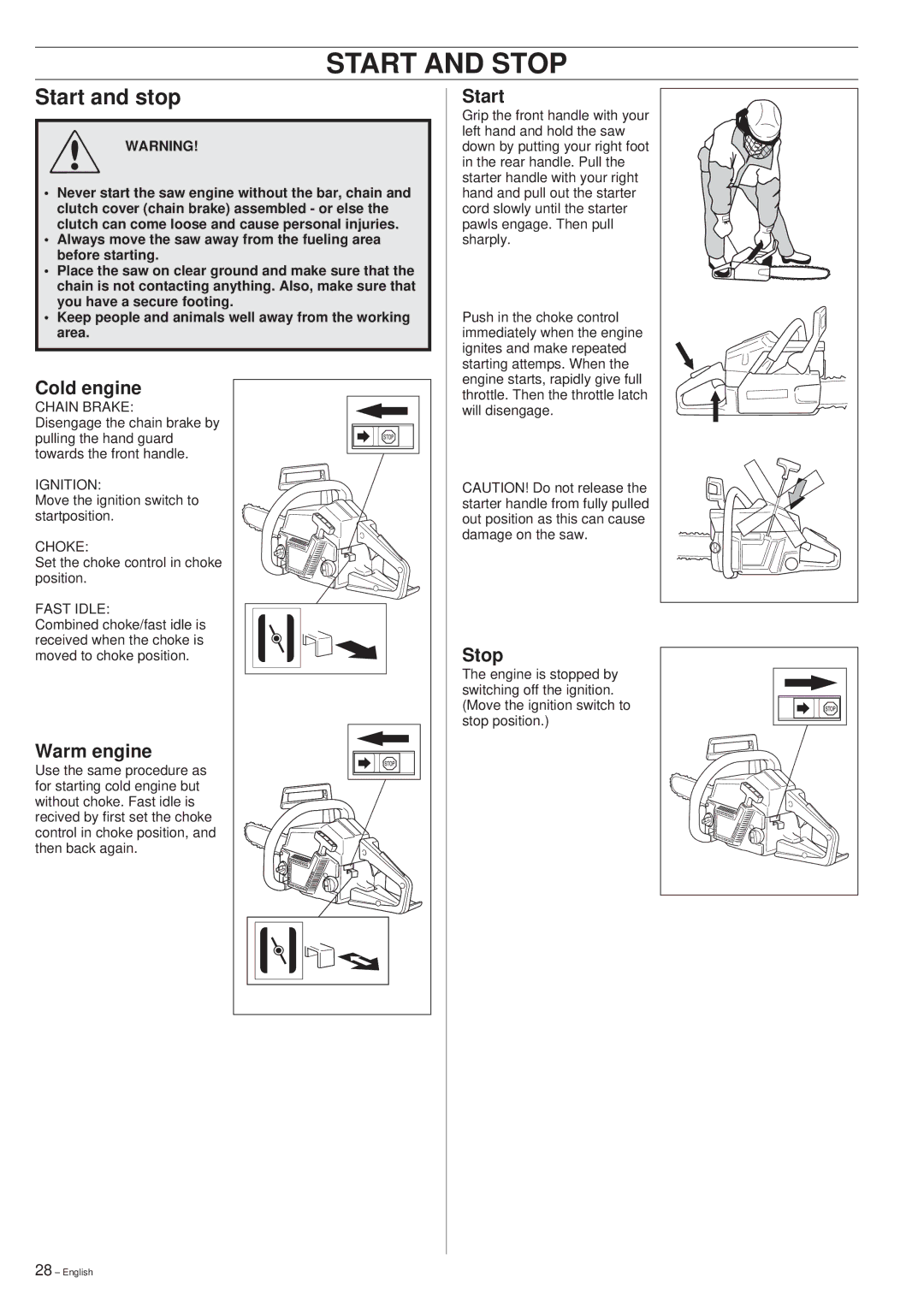 Husqvarna 45 manual Start and Stop, Cold engine, Warm engine 