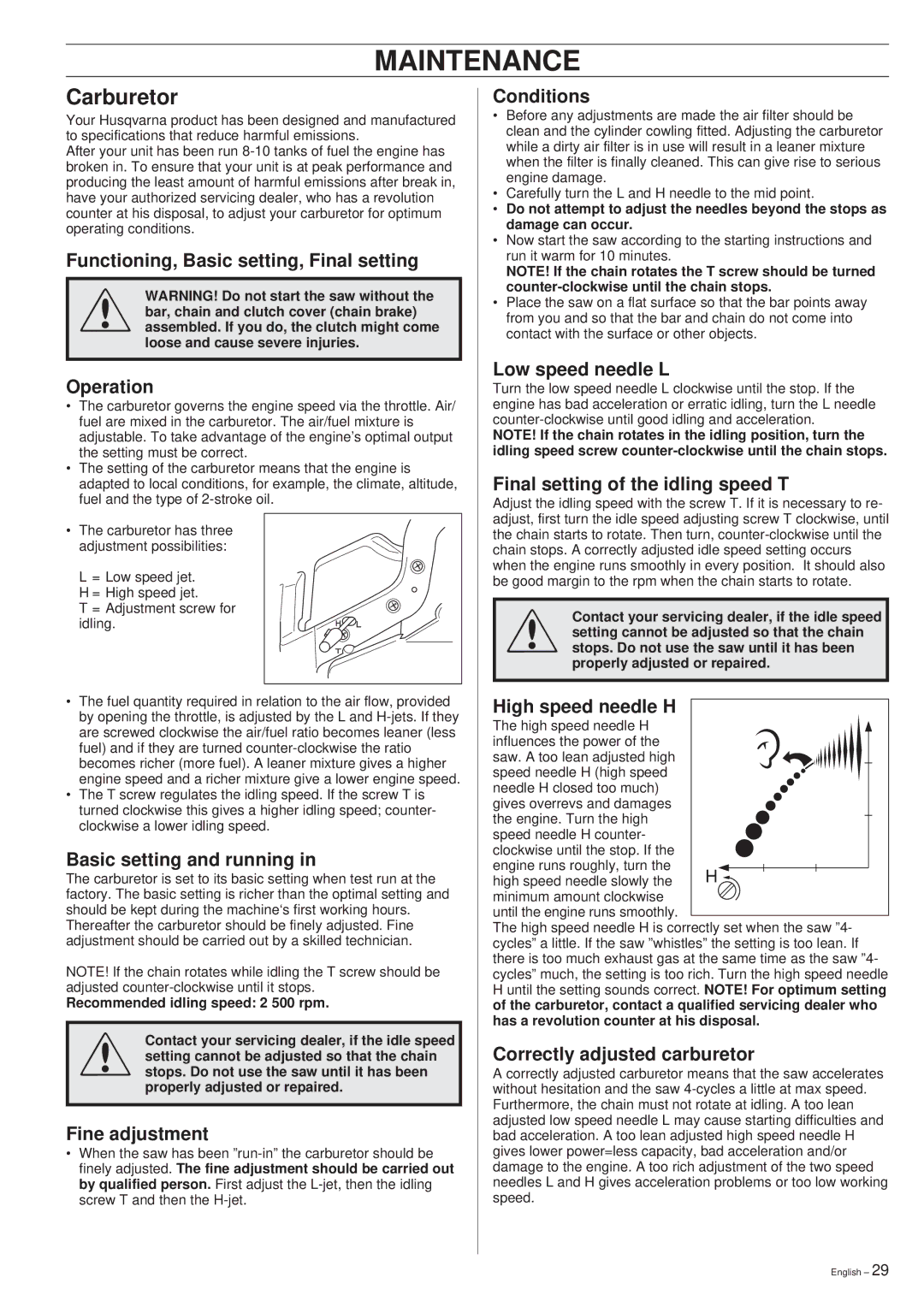 Husqvarna 45 manual Maintenance, Carburetor 