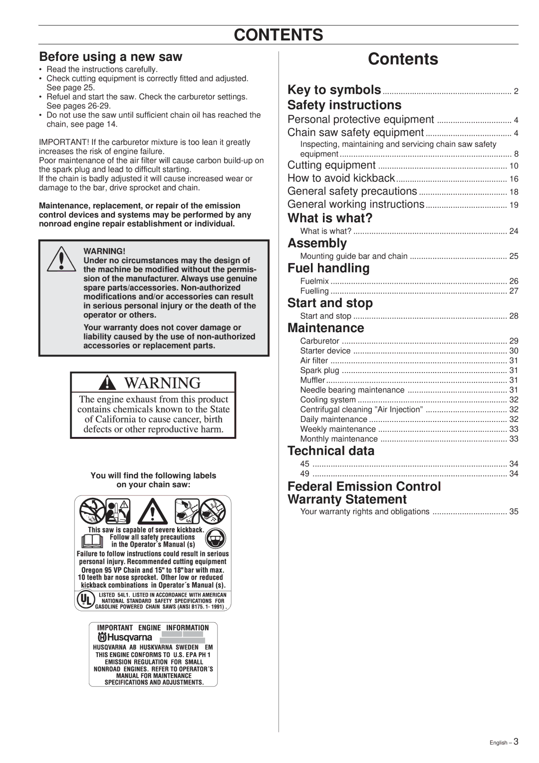 Husqvarna 45 manual Contents 