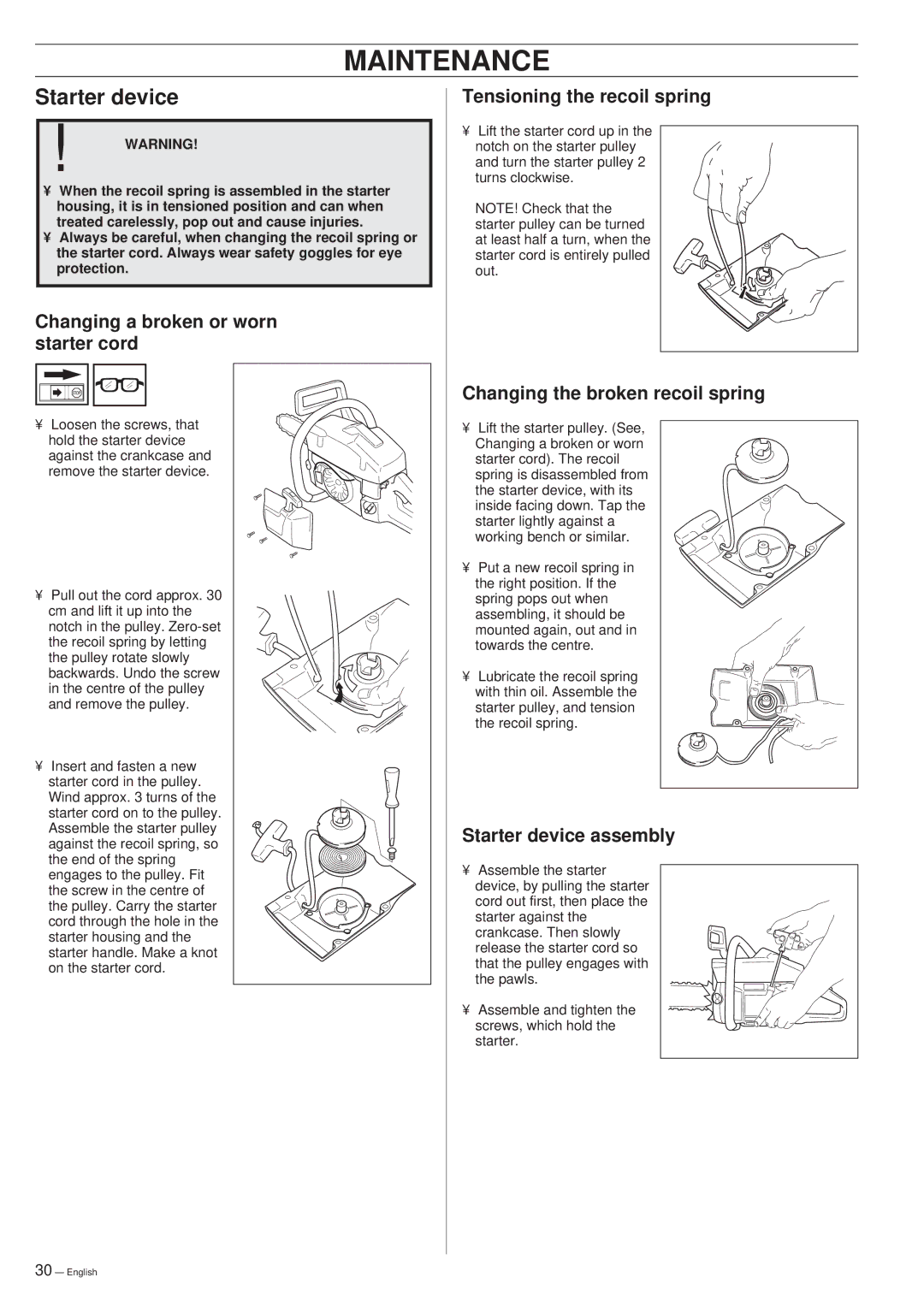 Husqvarna 45 manual Changing a broken or worn starter cord, Tensioning the recoil spring, Starter device assembly 