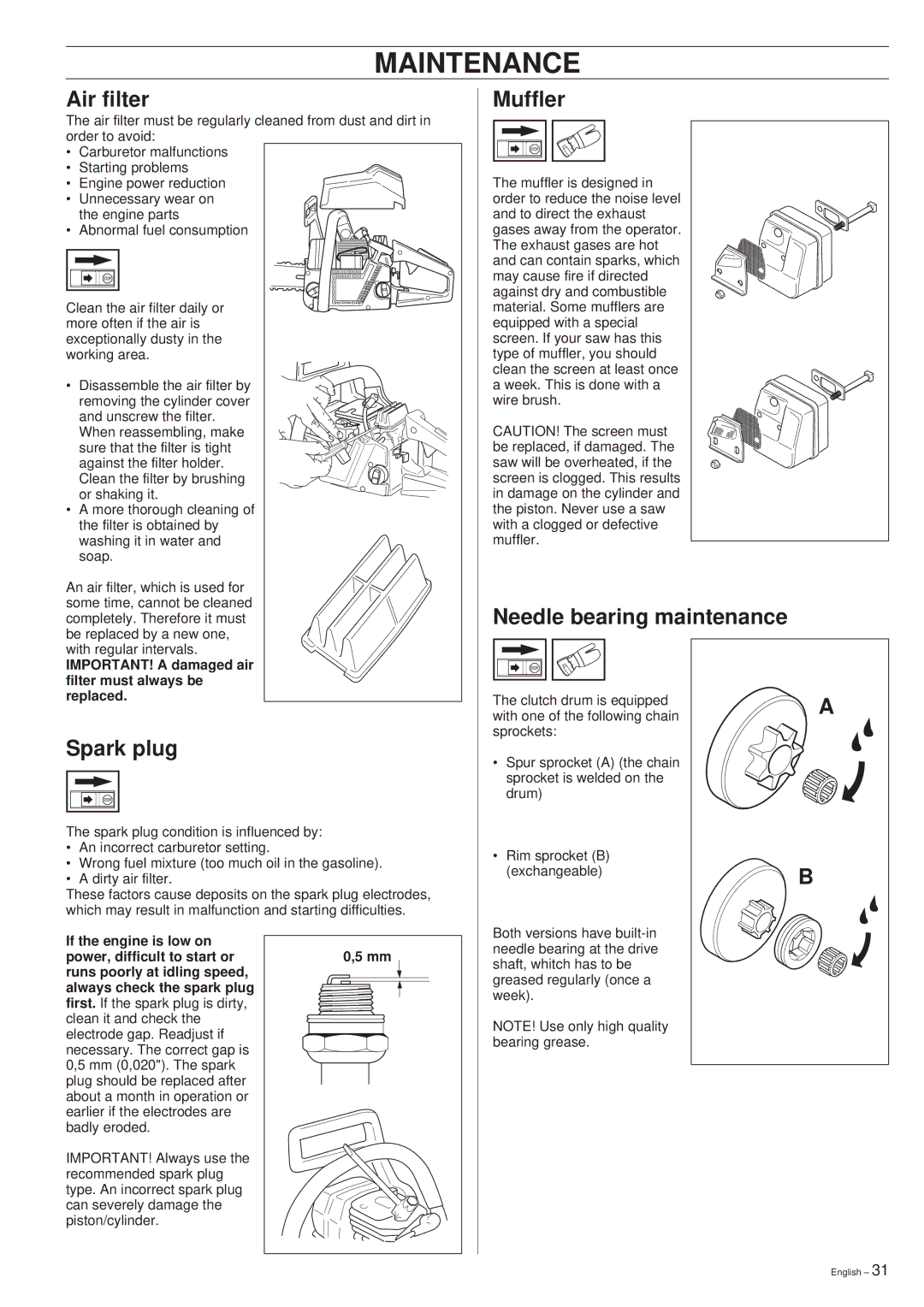 Husqvarna 45 manual Air filter, Muffler, Needle bearing maintenance, Spark plug 