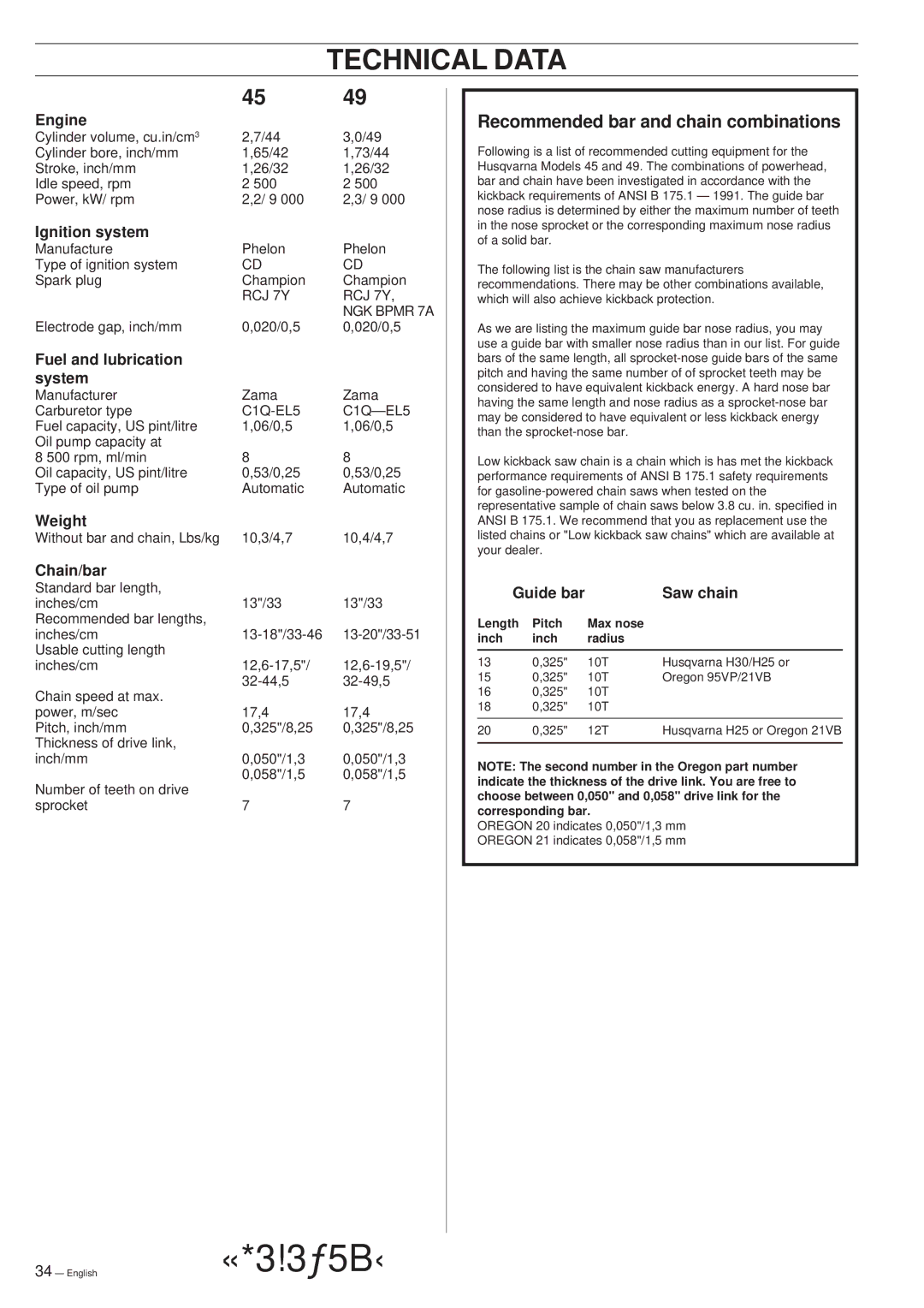 Husqvarna 45 manual Technical Data 