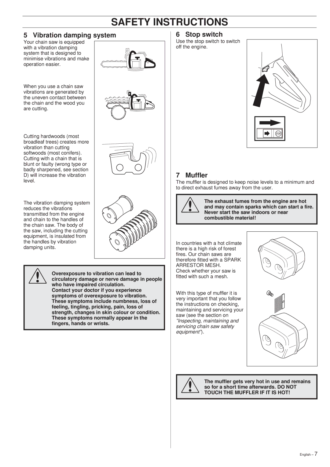 Husqvarna 45 manual Vibration damping system, Stop switch, Muffler 