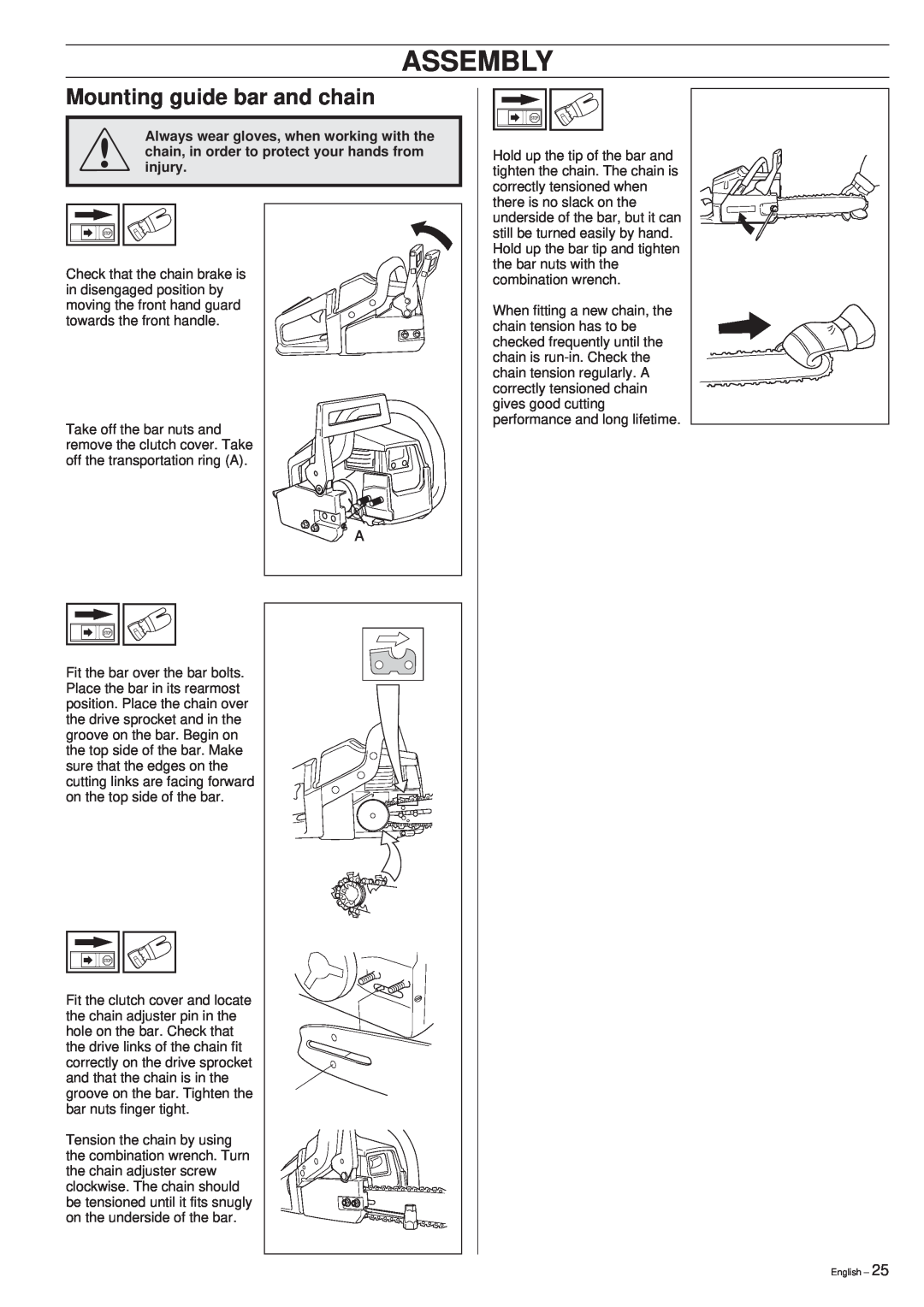 Husqvarna 45 manual Assembly, Mounting guide bar and chain 