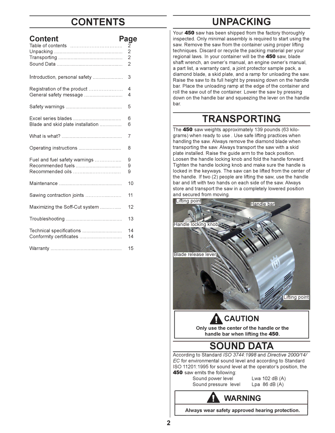 Husqvarna 450 manuel dutilisation Contents, Unpacking Transporting, Sound Data 