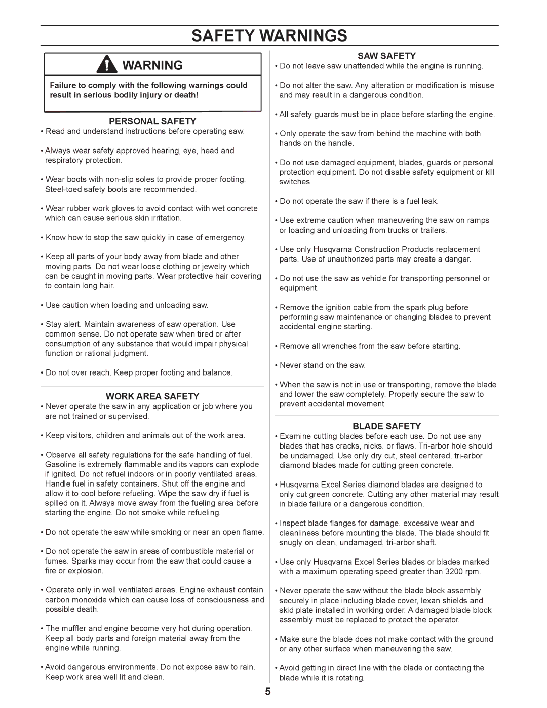 Husqvarna 450 manuel dutilisation Safety Warnings, Personal Safety 