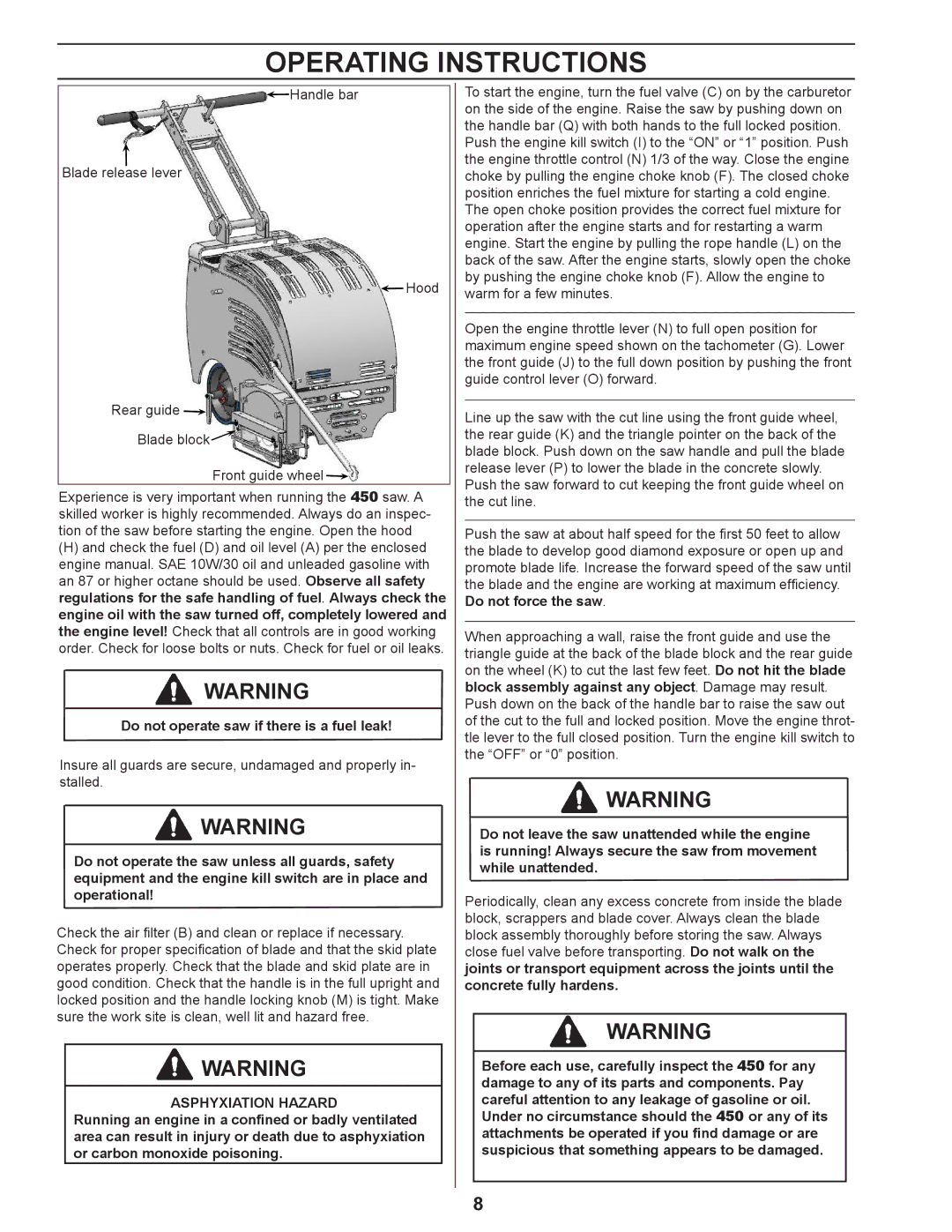 Husqvarna 450 manuel dutilisation Operating Instructions, Do not operate saw if there is a fuel leak 