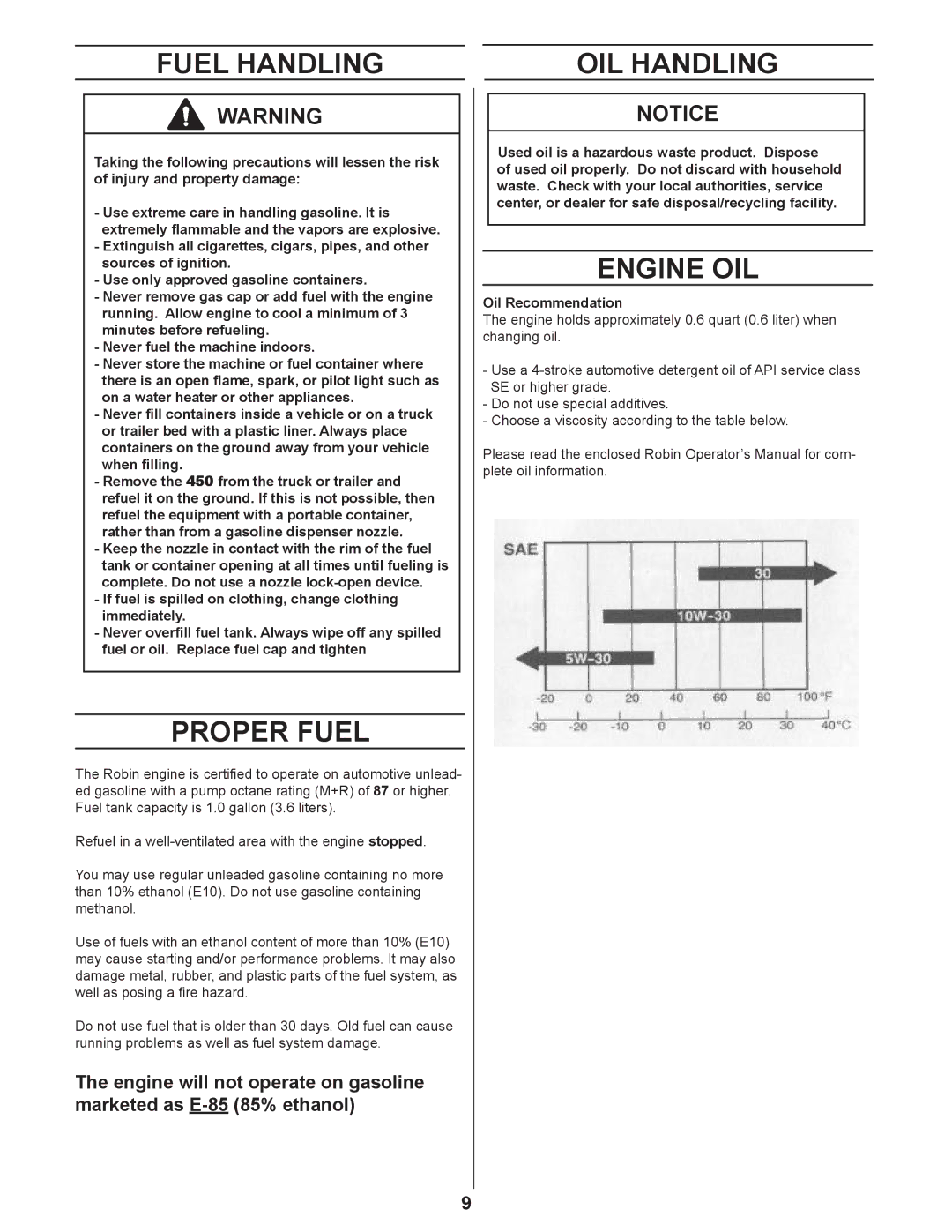 Husqvarna 450 manuel dutilisation Fuel Handling, Proper Fuel, OIL Handling, Engine OIL, Oil Recommendation 