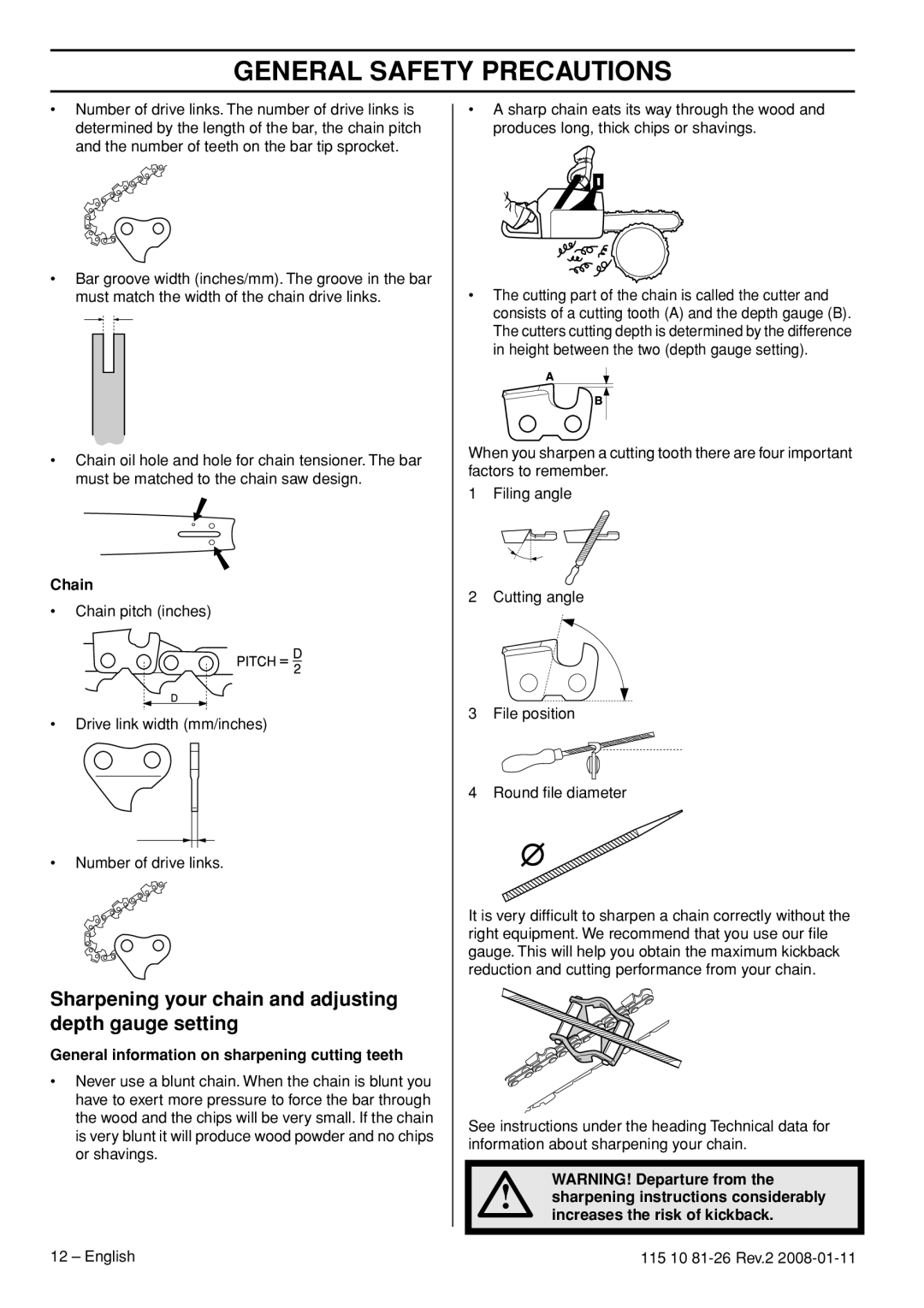 Husqvarna 445, 445e, 450e manual General Safety Precautions, Chain, General information on sharpening cutting teeth 