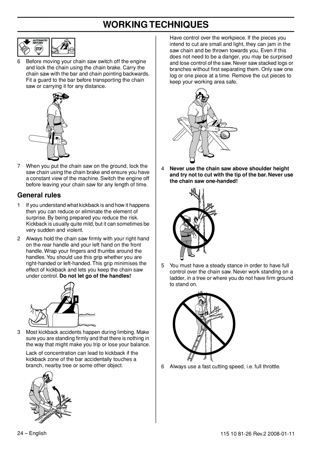 Husqvarna 445, 445e, 450e manual Working Techniques, 24 – English 