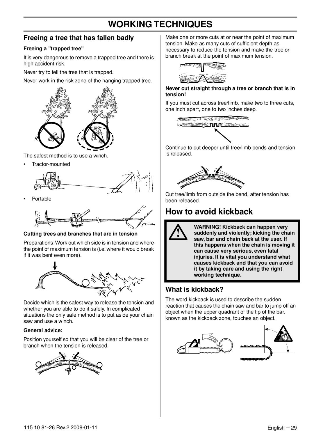 Husqvarna 445, 445e, 450e manual How to avoid kickback, Working Techniques, Freeing a tree that has fallen badly 