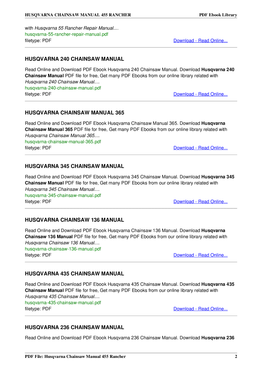 Husqvarna 455 RANCHER owner manual Husqvarna 240 Chainsaw Manual 