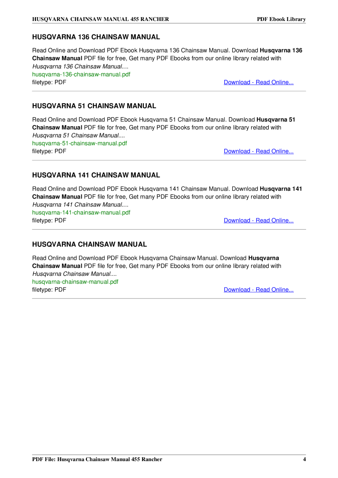 Husqvarna 455 RANCHER owner manual Husqvarna 136 Chainsaw Manual 