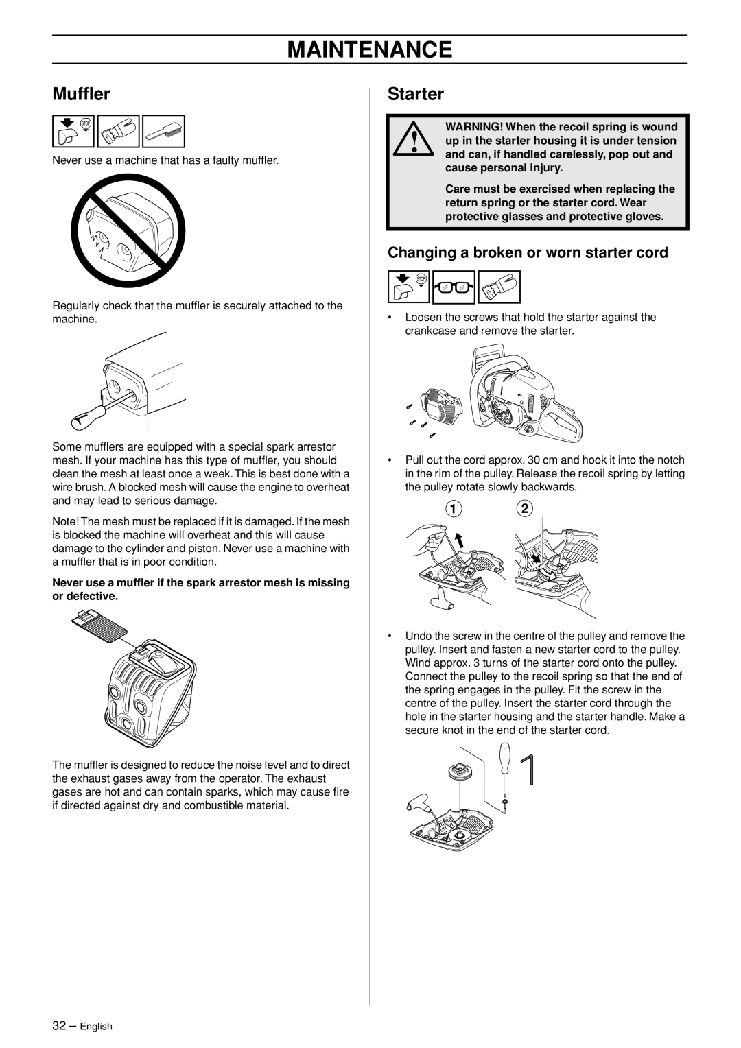 Husqvarna 455 RANCHER manual Mufﬂer, Starter, Changing a broken or worn starter cord 