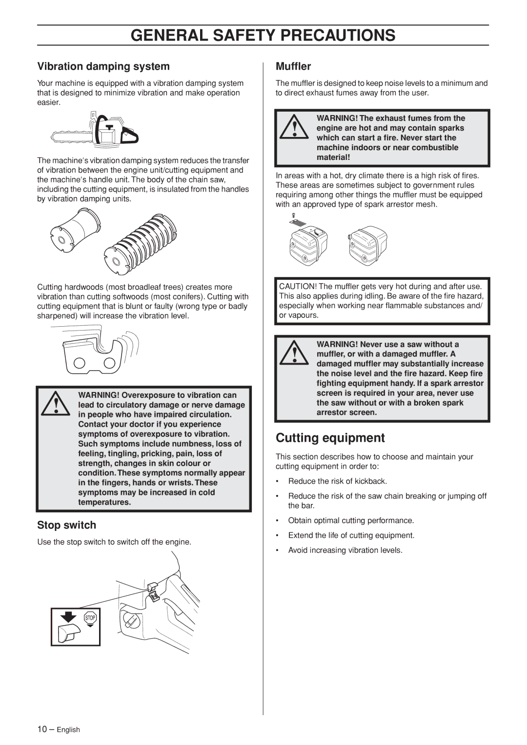 Husqvarna 455e, 455, 460 manual Cutting equipment, Vibration damping system, Stop switch, Mufﬂer 