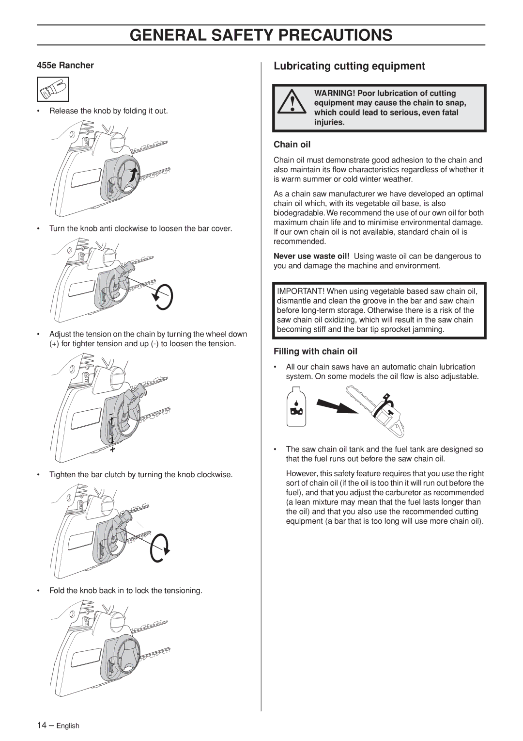 Husqvarna 455e, 455, 460 manual Lubricating cutting equipment, 455e Rancher, Chain oil, Filling with chain oil 
