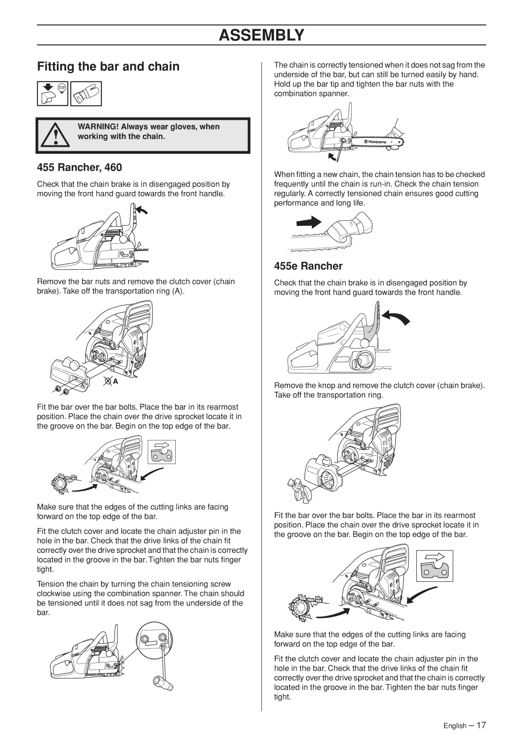 Husqvarna 455e, 455, 460 manual Assembly, Fitting the bar and chain, 455e Rancher 