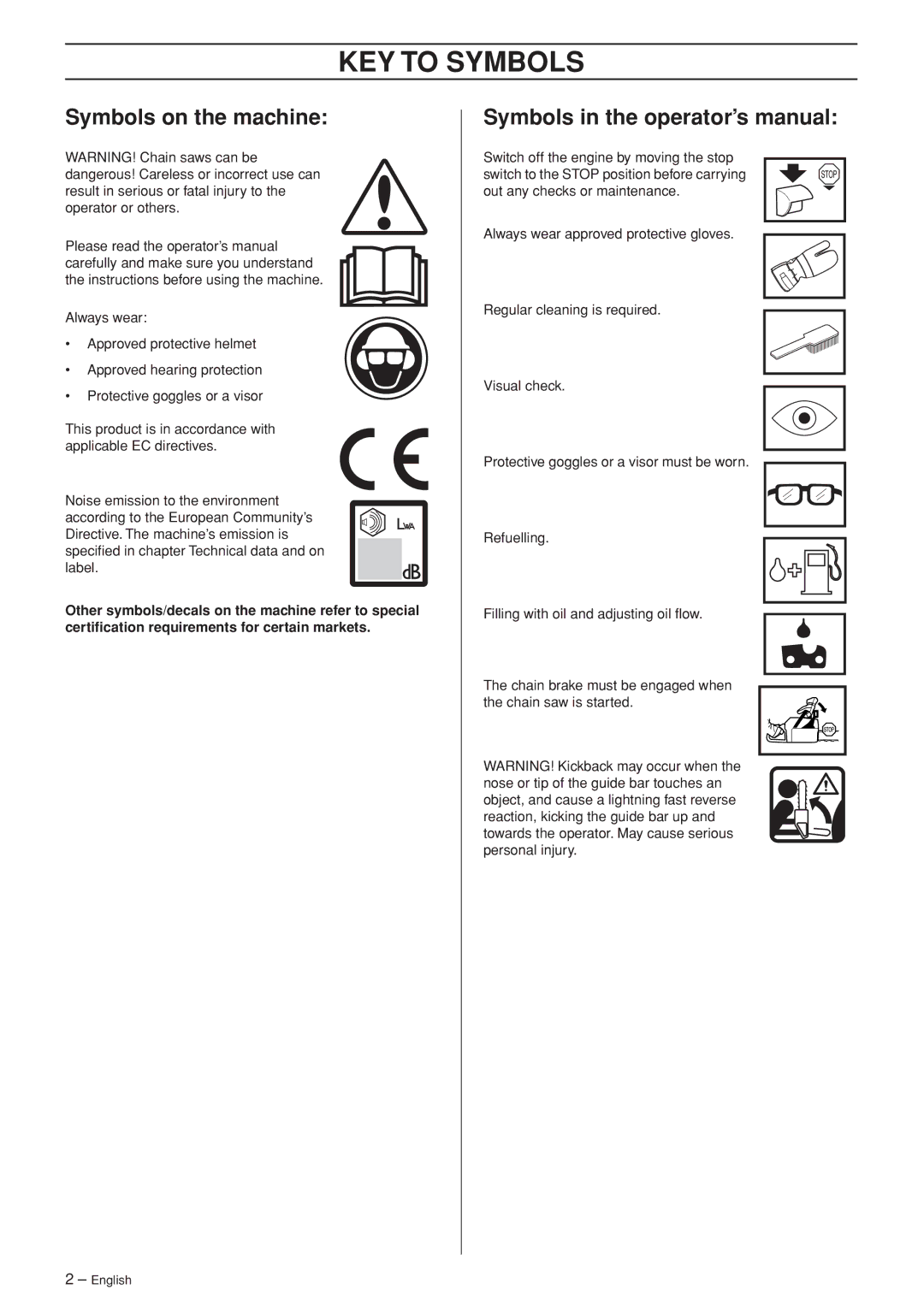 Husqvarna 455e, 455, 460 KEY to Symbols, Symbols on the machine, Symbols in the operator’s manual 