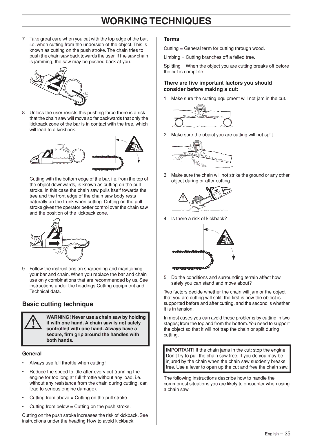 Husqvarna 455e, 455, 460 manual Basic cutting technique, General, Terms 