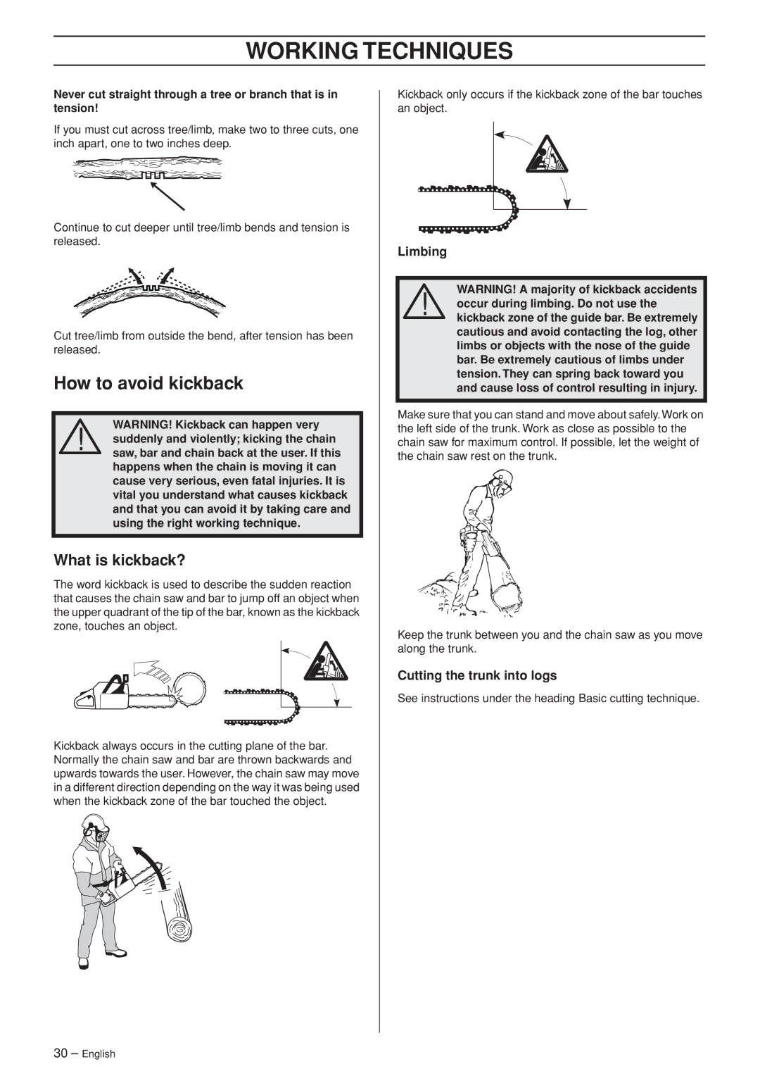 Husqvarna 455e, 455, 460 manual How to avoid kickback, What is kickback?, Cutting the trunk into logs 