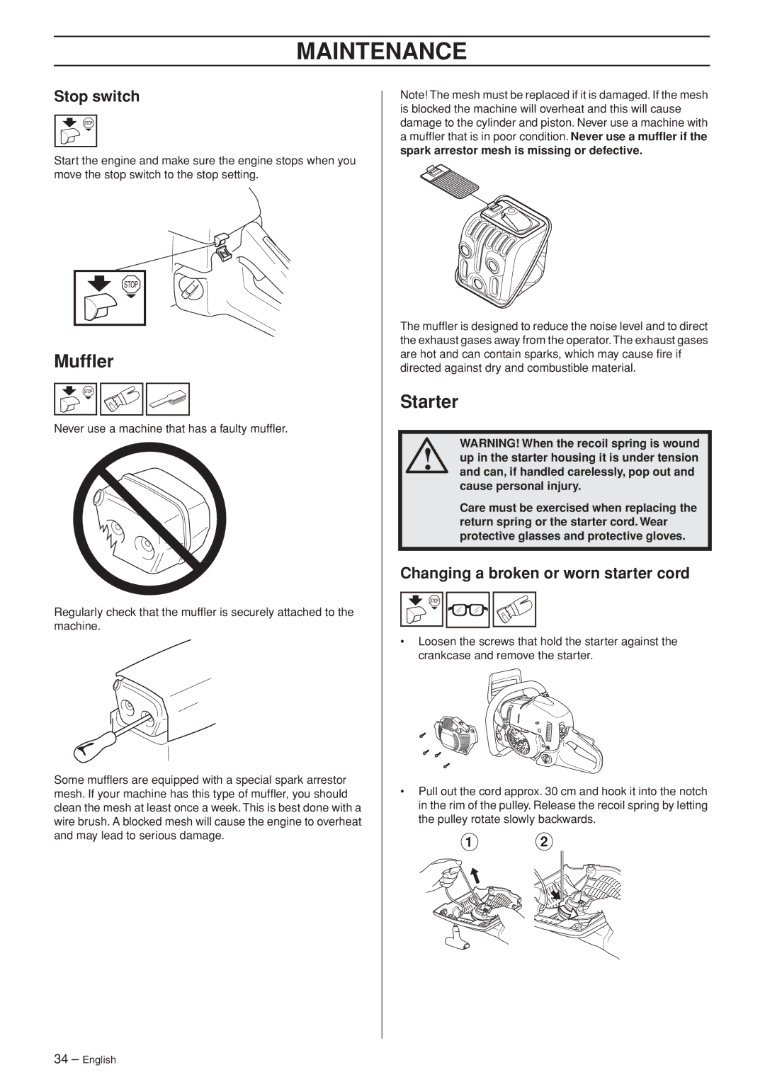 Husqvarna 455e, 455, 460 manual Mufﬂer, Starter, Changing a broken or worn starter cord 