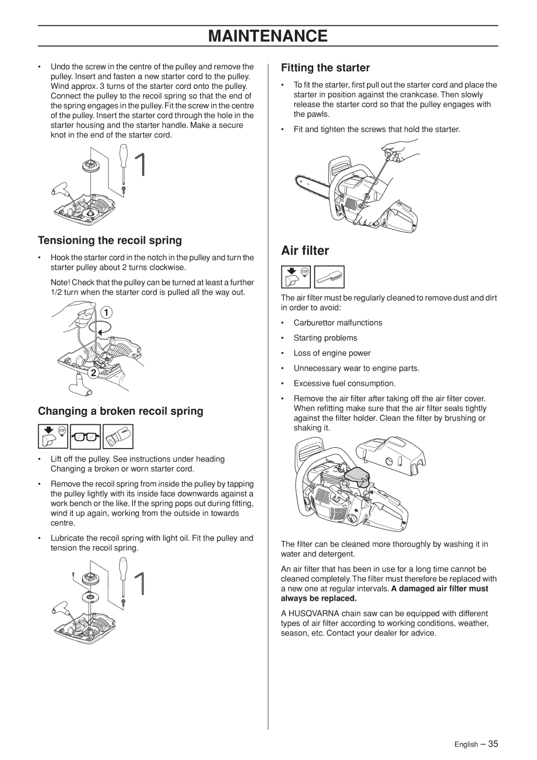 Husqvarna 455e, 455, 460 Air ﬁlter, Tensioning the recoil spring, Changing a broken recoil spring, Fitting the starter 
