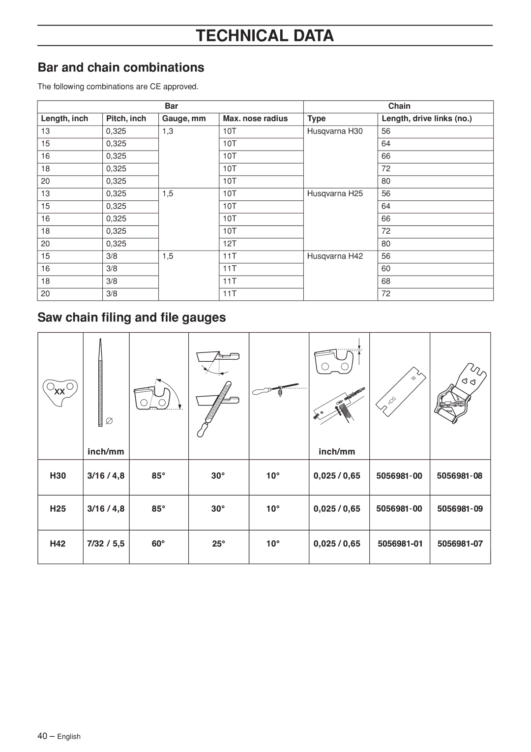 Husqvarna 455e, 455, 460 manual Bar and chain combinations, Saw chain ﬁling and ﬁle gauges 