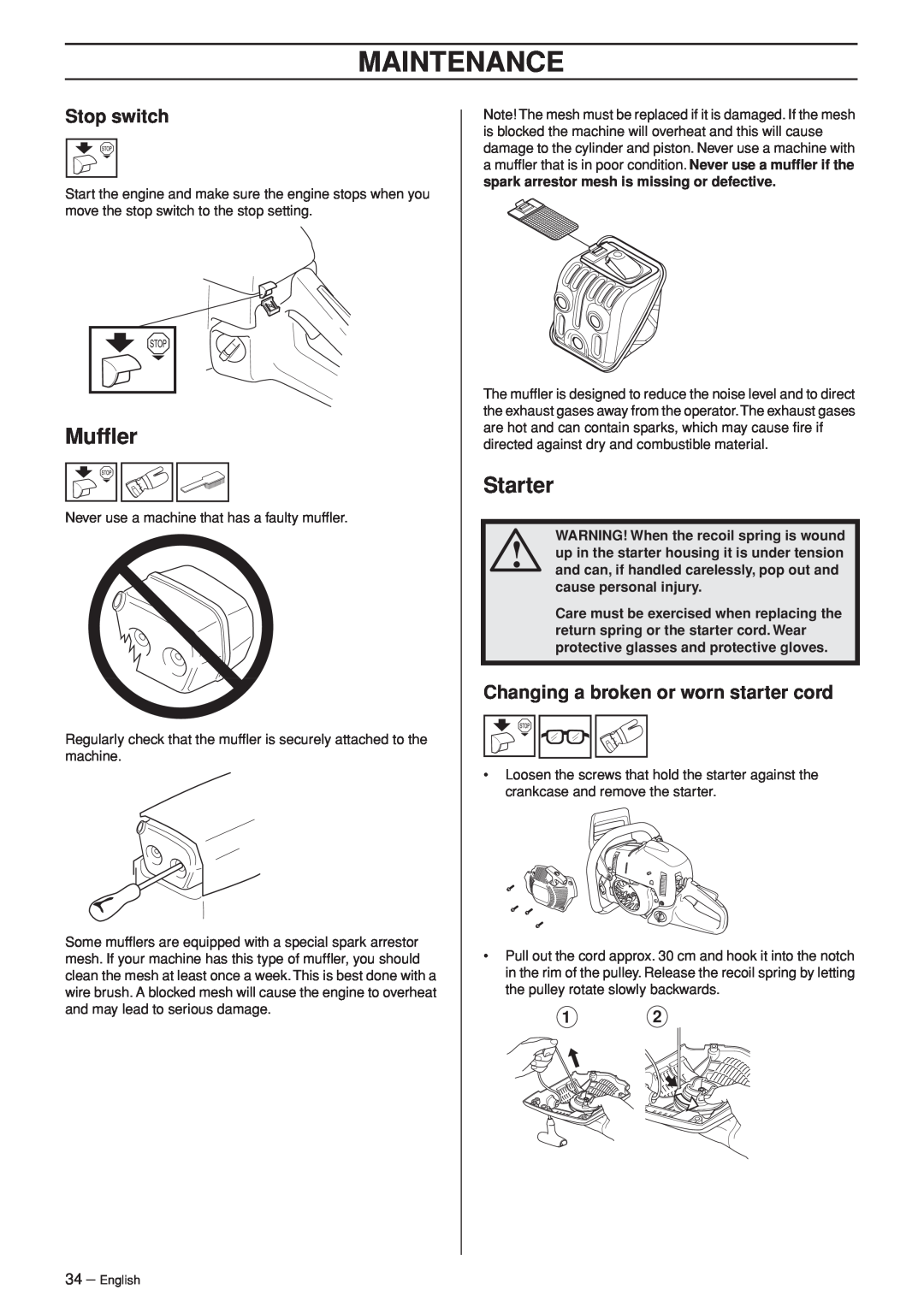 Husqvarna 455e, 455, 460 manual Mufﬂer, Starter, Changing a broken or worn starter cord, Maintenance, Stop switch 