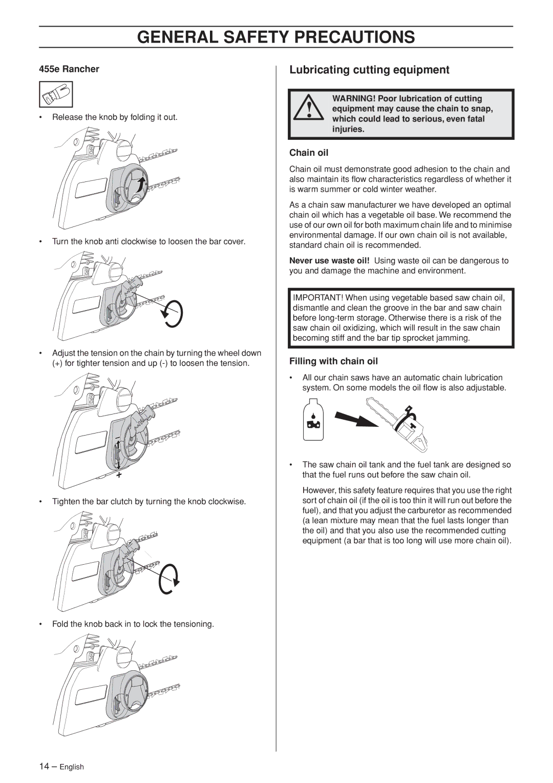 Husqvarna 455e Rancher manual Lubricating cutting equipment, Chain oil, Filling with chain oil 