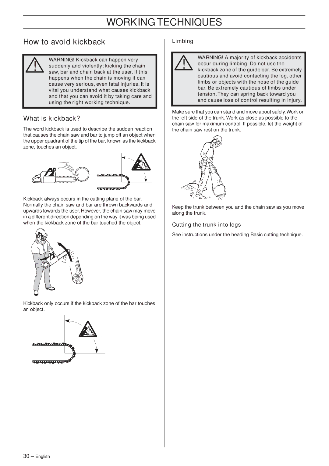 Husqvarna 455e Rancher manual How to avoid kickback, What is kickback?, Cutting the trunk into logs 