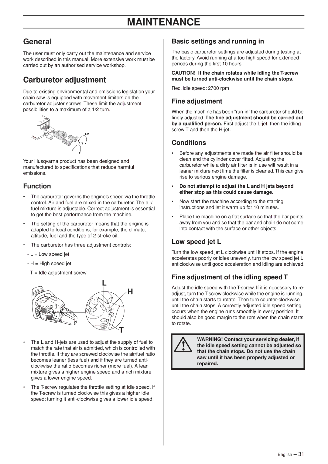 Husqvarna 455e Rancher manual Maintenance, General, Carburetor adjustment 