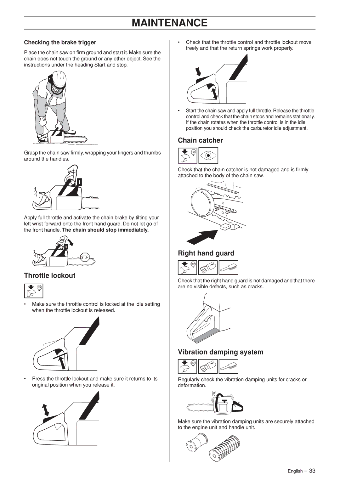 Husqvarna 455e Rancher manual Throttle lockout, Checking the brake trigger 